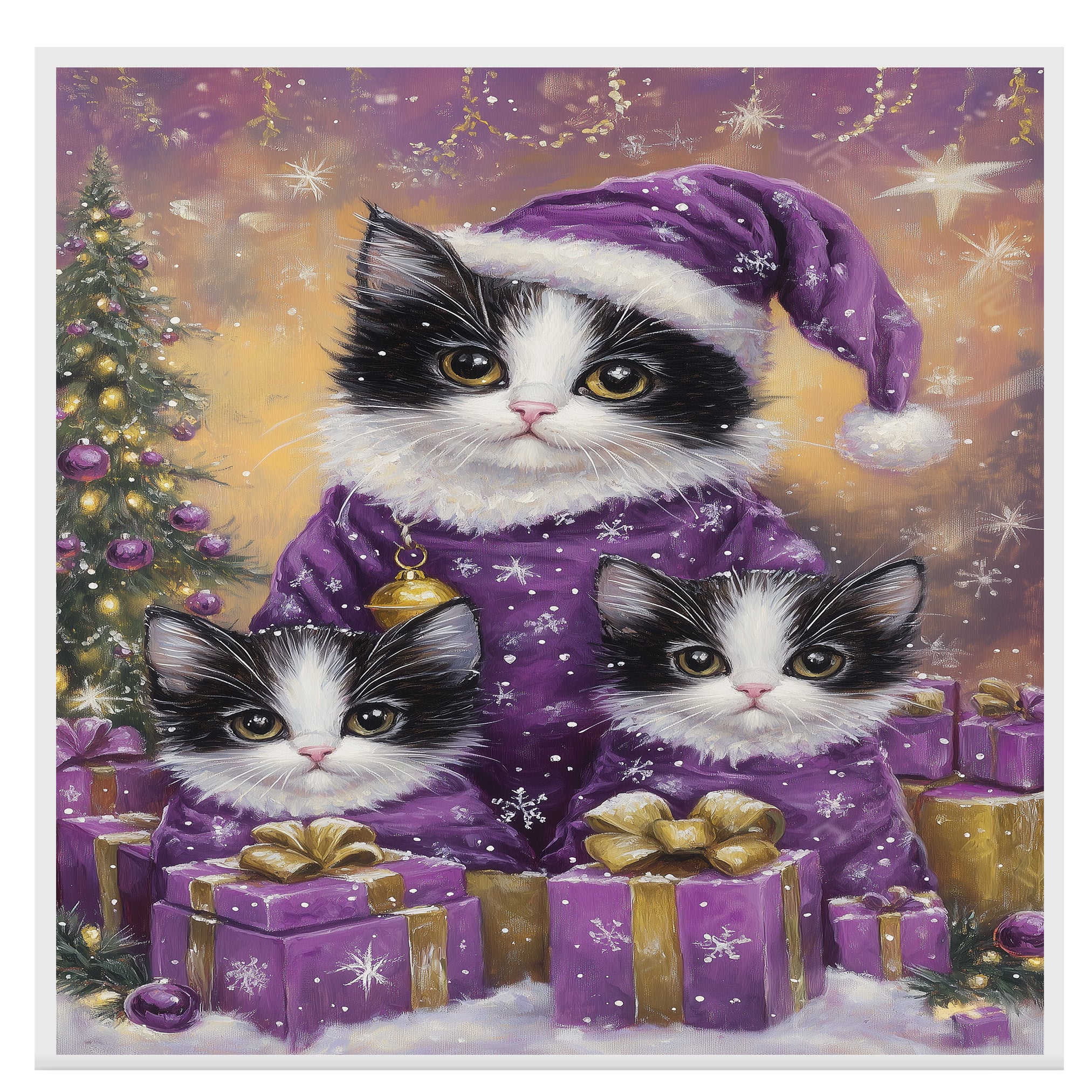 Adorable Tuxedo Cat Family in Matching Purple Pajamas and Hats with Floral Details in a Cozy Whimsical Scene Perfect for Cat Lovers