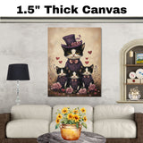 Mother Cat and Kittens Dressed in Matching Blue Suits with Pink Bows and Top Hat Surrounded by Hearts Tuxedo Cats on Ready to Hang 1.5" Thick Canvas Wrap, Floating Framed Canvas, Flat Rolled Canvas