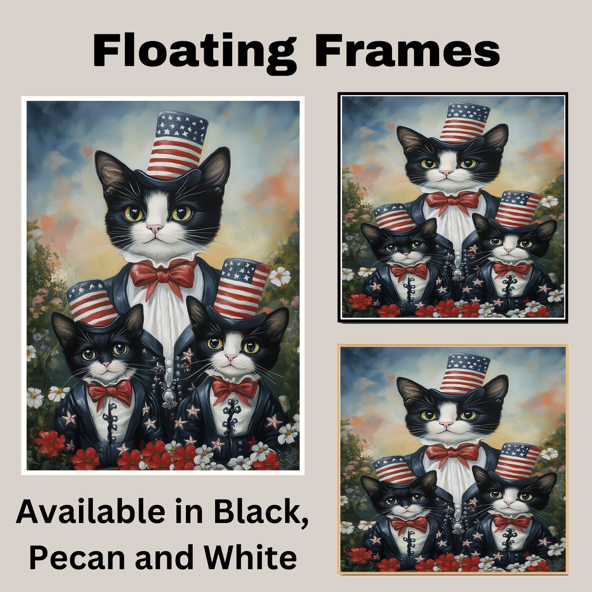 Mother Tuxedo Cat and Two Kittens in Patriotic Uncle Sam Outfits with American Flags and Red Bow Ties in Garden Setting on Ready to Hang 1.5" Thick Canvas Wrap, Floating Framed Canvas, Flat Rolled Canvas