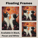 Charming Oil Painting of Mother Texudo Cat and Kittens in Blue Outfits with Red Hearts and Roses on Beige Background for Cat Lovers on Ready to Hang 1.5" Thick Canvas Wrap, Floating Framed Canvas, Flat Rolled Canvas