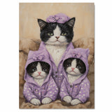 Mother Cat and Kittens in Purple Hoodies Tuxedo Cat Family Artwork Cozy Whimsical Style for Cat Lovers and Nursery Decor on Ready to Hang 1.5" Thick Canvas Wrap, Floating Framed Canvas, Flat Rolled Canvas