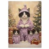 Tuxedo Cat Family in Lavender Holiday Outfits Surrounded by Snowy Trees and Christmas Gifts in a Magical Winter Wonderland Scene