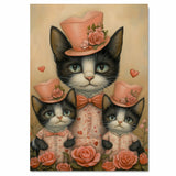 Mother Cat and Kittens in Playful Purple Outfits with Heart and Cat Patterns Whimsical Black and White Tuxedo Cat Family Portrait on Ready to Hang 1.5" Thick Canvas Wrap, Floating Framed Canvas, Flat Rolled Canvas