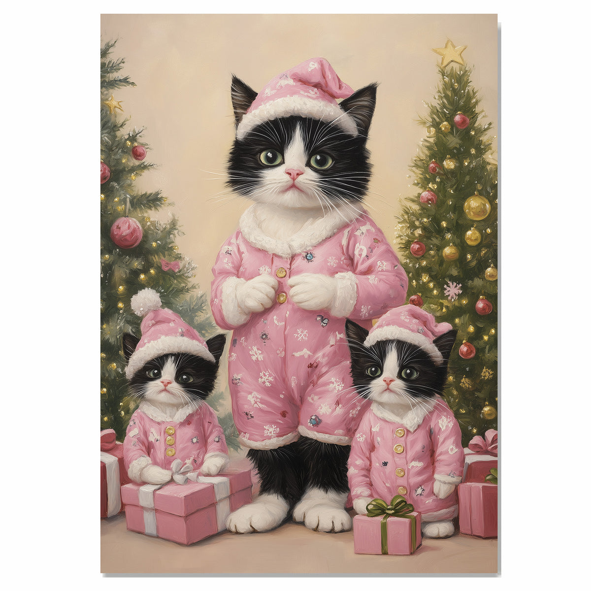 Tuxedo Cat Family in Blue Fur-Trimmed Coats Surrounded by Christmas Trees and Gifts in a Snowy Holiday Scene with Winter Magic and Cheer