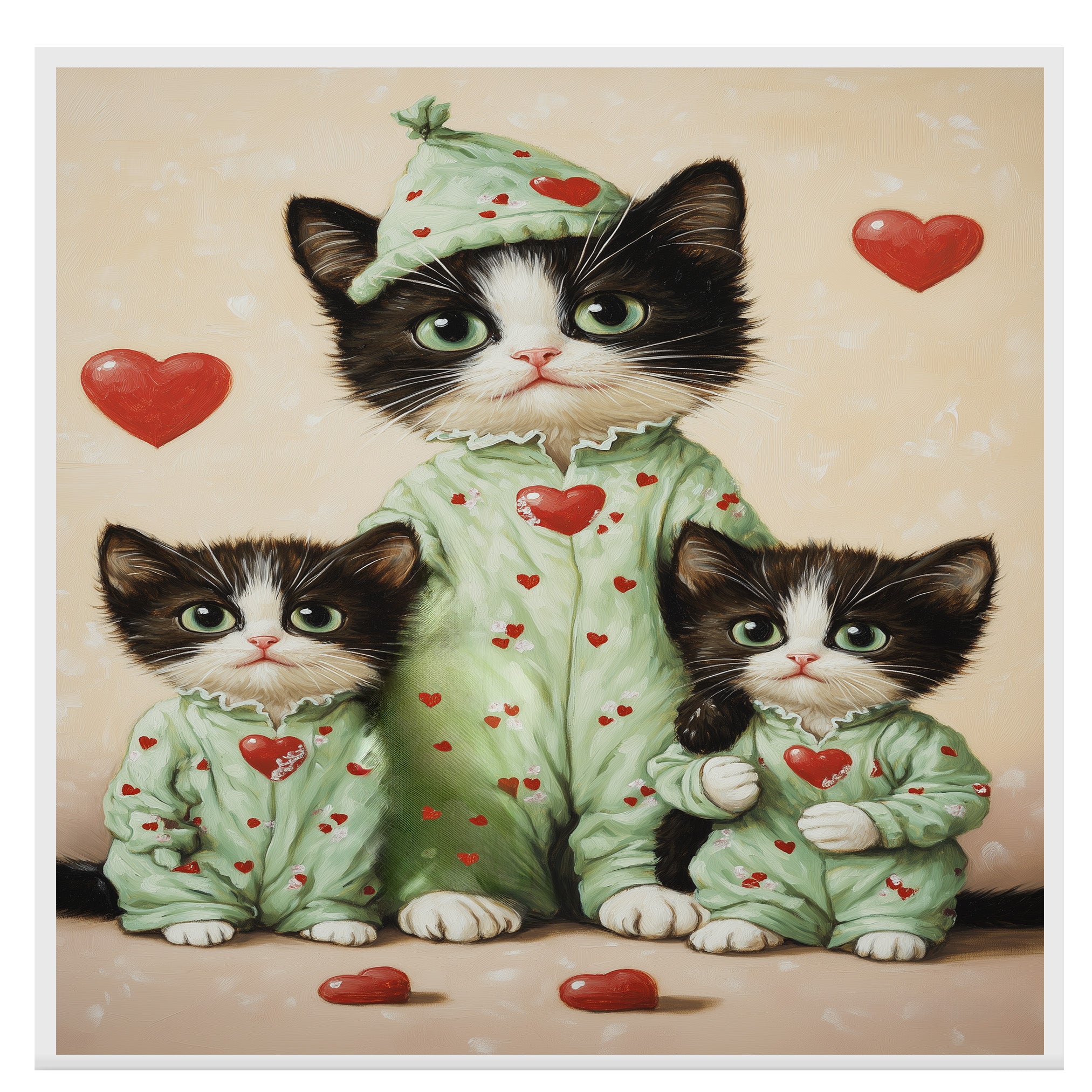 Mother Cat and Kittens in Pink Pajamas with Heart Hats and Floral Details Whimsical Black and White Tuxedo Cat Family on Ready to Hang 1.5" Thick Canvas Wrap, Floating Framed Canvas, Flat Rolled Canvas