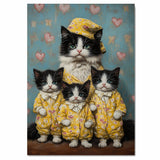 Elegant Oil Painting of Mother Cat and Kittens in Heart Outfits with Floral Hat on Warm Background for Cat Lovers and Pet Fans on Ready to Hang 1.5" Thick Canvas Wrap, Floating Framed Canvas, Flat Rolled Canvas