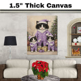 Tuxedo Cat Family in Lavender Pajamas and Santa Hats Surrounded by Christmas Gifts and Tree in a Calm Snowflake-Filled Holiday Scene