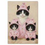 Mother Cat and Kittens in Mint Green Outfits with Pink Bows Hearts and Roses Whimsical Black and White Tuxedo Cat Family Portrait on Ready to Hang 1.5" Thick Canvas Wrap, Floating Framed Canvas, Flat Rolled Canvas
