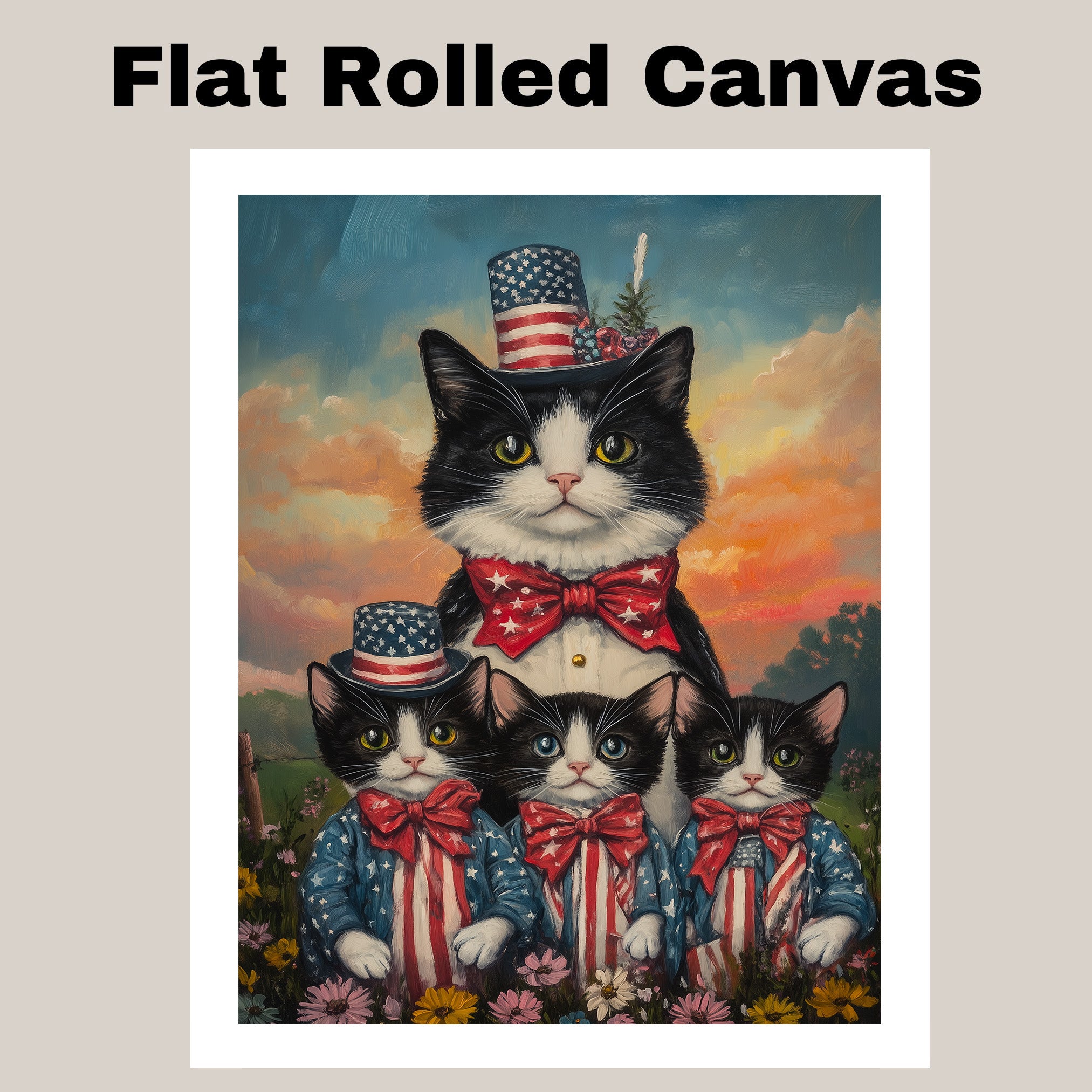 Mother Black and White Tuxedo Cat with Three Kittens in Patriotic Outfits and Hats in a Sunset Flower Field Scene on Ready to Hang 1.5" Thick Canvas Wrap, Floating Framed Canvas, Flat Rolled Canvas