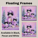 Tuxedo Cat Family in Red Santa Hats and Coats Surrounded by Snowflakes and Gifts Beside a Christmas Tree in a Whimsical Holiday Scene