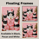 Tuxedo Cat Family in Pink Santa Hats Surrounded by Gifts and Ornaments in a Whimsical Holiday Scene Full of Snowflakes and Festive Cheer