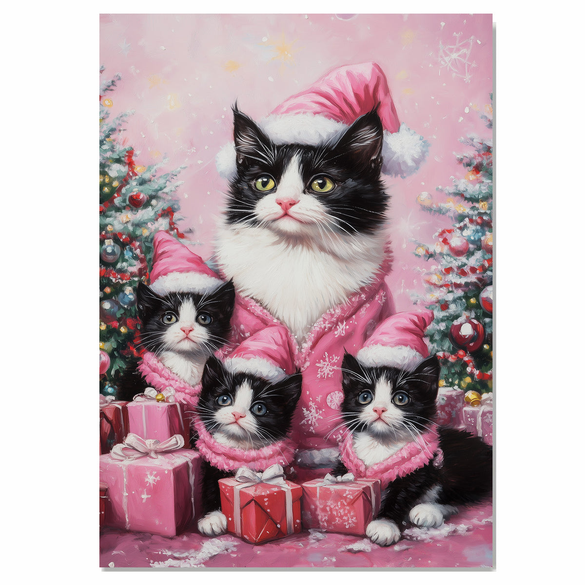 Tuxedo Cat Family in Pink Santa Hats and Coats Surrounded by Holiday Gifts and Trees in a Festive Christmas Scene with Snowflakes and Cheer