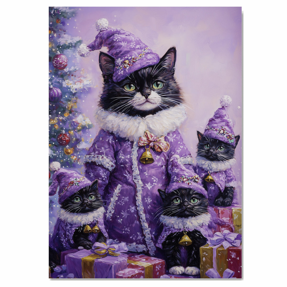 Tuxedo Cat Family in Elegant Purple Coats and Hats Surrounded by Christmas Gifts and Tree in a Magical Snowy Holiday Scene with Festive Sparkle