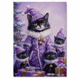 Tuxedo Cat Family in Elegant Purple Coats and Hats Surrounded by Christmas Gifts and Tree in a Magical Snowy Holiday Scene with Festive Sparkle