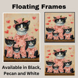 Sweet Oil Painting of Mother Texudo Cat and Sleeping Kittens in Pink Pajamas with Hearts and Roses on Soft Beige Background for Cat Lovers on Ready to Hang 1.5" Thick Canvas Wrap, Floating Framed Canvas, Flat Rolled Canvas