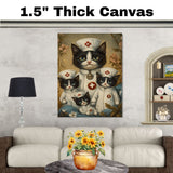 Mother Cat and Kittens in Nurse Outfits Charming Tuxedo Cat Family Artwork for Cat Lovers, Healthcare Gifts, and Nursery Decor on Ready to Hang 1.5" Thick Canvas Wrap, Floating Framed Canvas, Flat Rolled Canvas