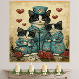 Mother Cat and Kittens in Teal Outfits with Red Hearts Whimsical Tuxedo Cat Family Artwork for Cat Lovers and Valentine's Decor on Ready to Hang 1.5" Thick Canvas Wrap, Floating Framed Canvas, Flat Rolled Canvas