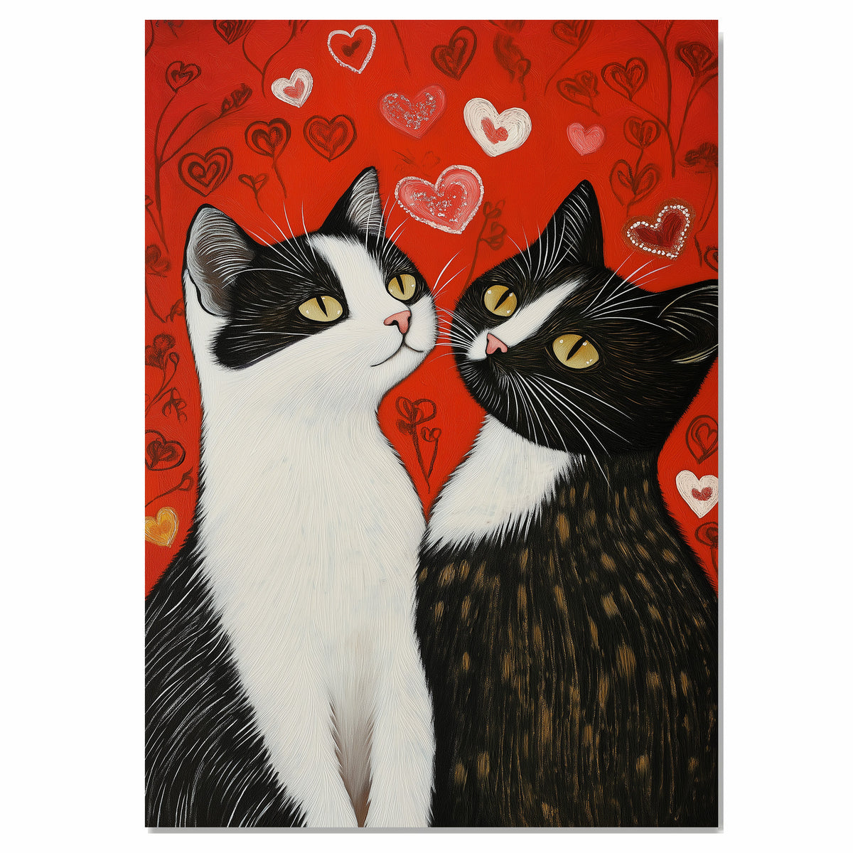 Romantic Cat Couple Against Red Heart Background Charming Tuxedo Cats Artwork for Valentine's Day and Cat Lovers Home Decor on Ready to Hang 1.5" Thick Canvas Wrap, Floating Framed Canvas, Flat Rolled Canvas
