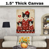 Mother Cat and Kittens in Red Outfits with Hearts Tuxedo Cat Family Artwork for Valentine's and Cat Lovers Decor on Ready to Hang 1.5" Thick Canvas Wrap, Floating Framed Canvas, Flat Rolled Canvas