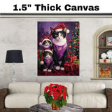 Festive Tuxedo Cat Family in Santa Hats and Purple Outfits with Christmas Tree and Gifts in a Whimsical Holiday Setting
