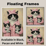 Mother Cat and Kittens in Pink Heart Pajamas Tuxedo Cat Family Artwork for Valentine's Day Decor and Cat Lovers Gifts on Ready to Hang 1.5" Thick Canvas Wrap, Floating Framed Canvas, Flat Rolled Canvas