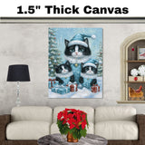 Tuxedo Cat Family in Pink Winter Coats and Hats Surrounded by Christmas Trees and Gifts in a Cozy Holiday Scene with Snowflakes and Warm Charm