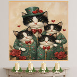 Playful Oil Painting of Texudo Cat Family in Personalized Green Heart Pajamas with Beanies on Beige Background for Pet Lovers and Cat Fans on Ready to Hang 1.5" Thick Canvas Wrap, Floating Framed Canvas, Flat Rolled Canvas