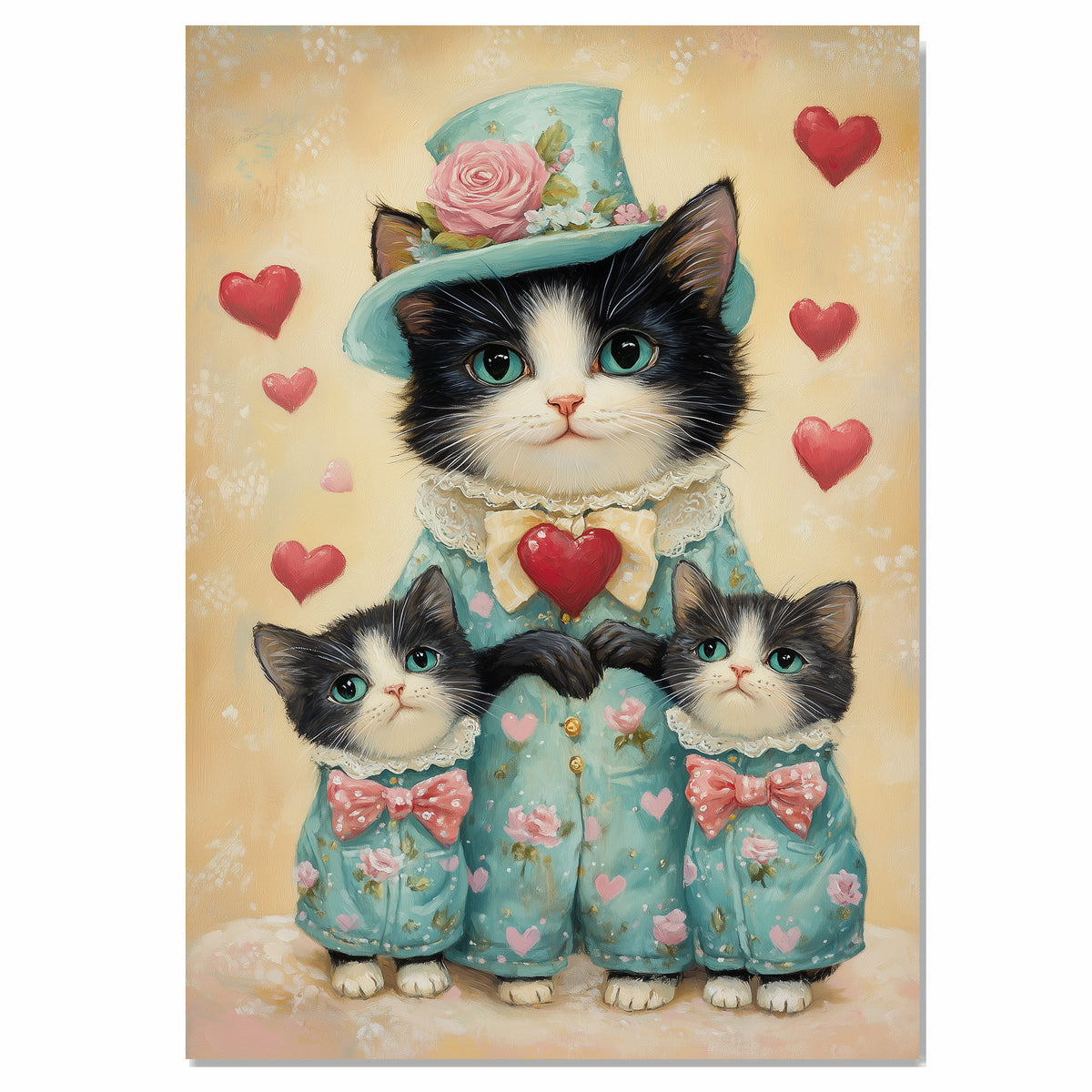 Romantic Oil Painting of Mother Texudo Cat and Kittens in Peach Heart Outfits with Roses and Bows on Warm Background for Cat Lovers on Ready to Hang 1.5" Thick Canvas Wrap, Floating Framed Canvas, Flat Rolled Canvas