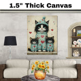 Elegant Oil Painting of Mother Texudo Cat and Kittens in Purple Outfits with Roses Hearts and Bows on Beige Background for Cat Lovers on Ready to Hang 1.5" Thick Canvas Wrap, Floating Framed Canvas, Flat Rolled Canvas