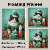 Tuxedo Cat Family in Light Blue Winter Coats and Hats Surrounded by Gifts and Snow-Covered Trees in a Magical Holiday Scene with Festive Spirit