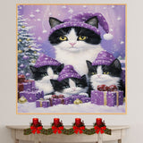 Tuxedo Cat Family in Pink Pajamas and Hats Standing by Christmas Trees and Gifts in a Cozy Festive Scene with Holiday Charm and Warmth
