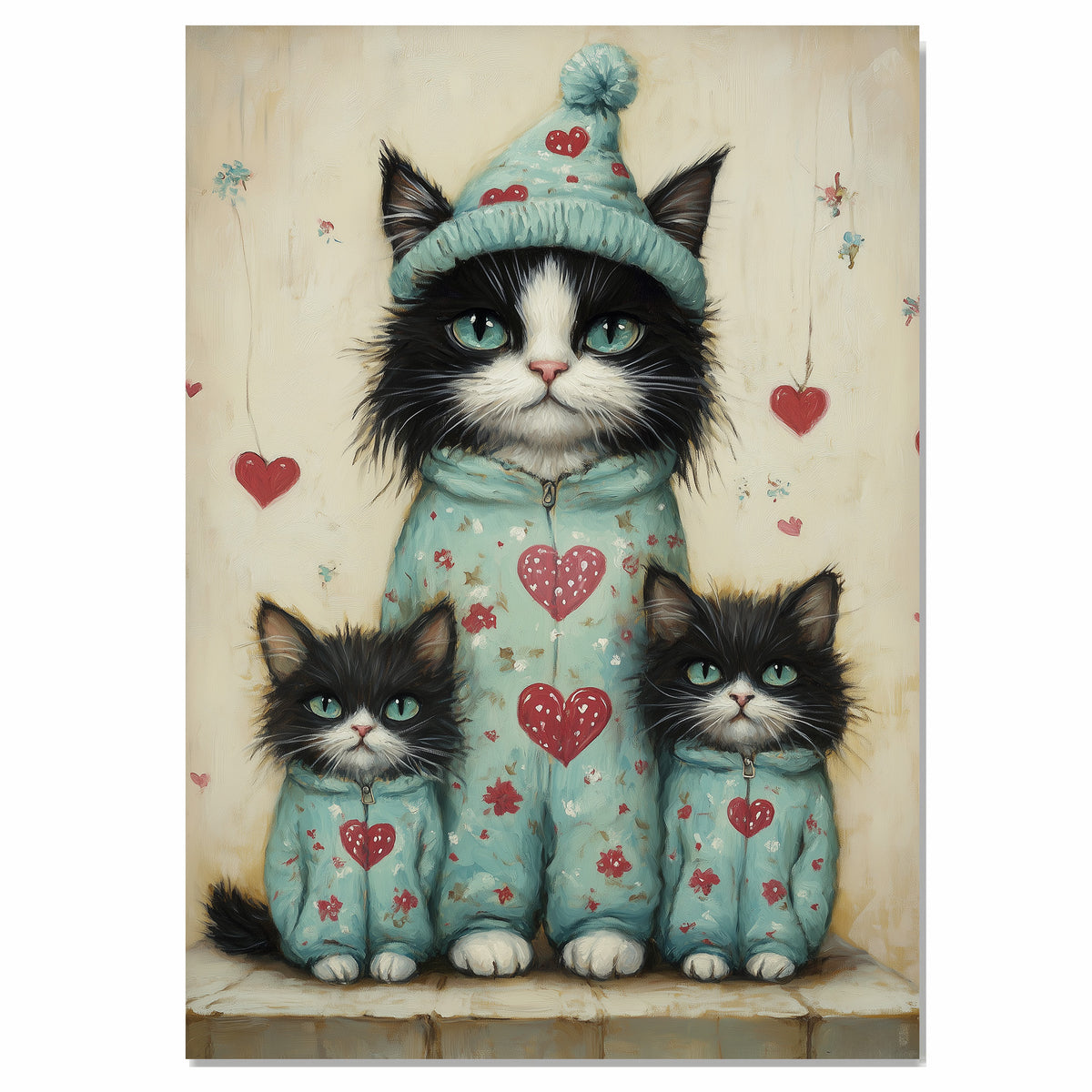 Elegant Oil Painting of Mother Texudo Cat and Kittens in Purple Outfits with Roses Hearts and Bows on Beige Background for Cat Lovers on Ready to Hang 1.5" Thick Canvas Wrap, Floating Framed Canvas, Flat Rolled Canvas