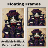 Stylish Oil Painting of Mother Texudo Cat and Kittens in Navy Heart Outfits with Red Roses and Hat on Beige Background for Cat Lovers on Ready to Hang 1.5" Thick Canvas Wrap, Floating Framed Canvas, Flat Rolled Canvas