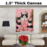 Tuxedo Cat Family in Pink Santa Hats Surrounded by Gifts and Ornaments in a Whimsical Holiday Scene Full of Snowflakes and Festive Cheer