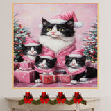 Tuxedo Cat Family in Pink Santa Hats and Coats Surrounded by Holiday Gifts and Trees in a Festive Christmas Scene with Snowflakes and Cheer