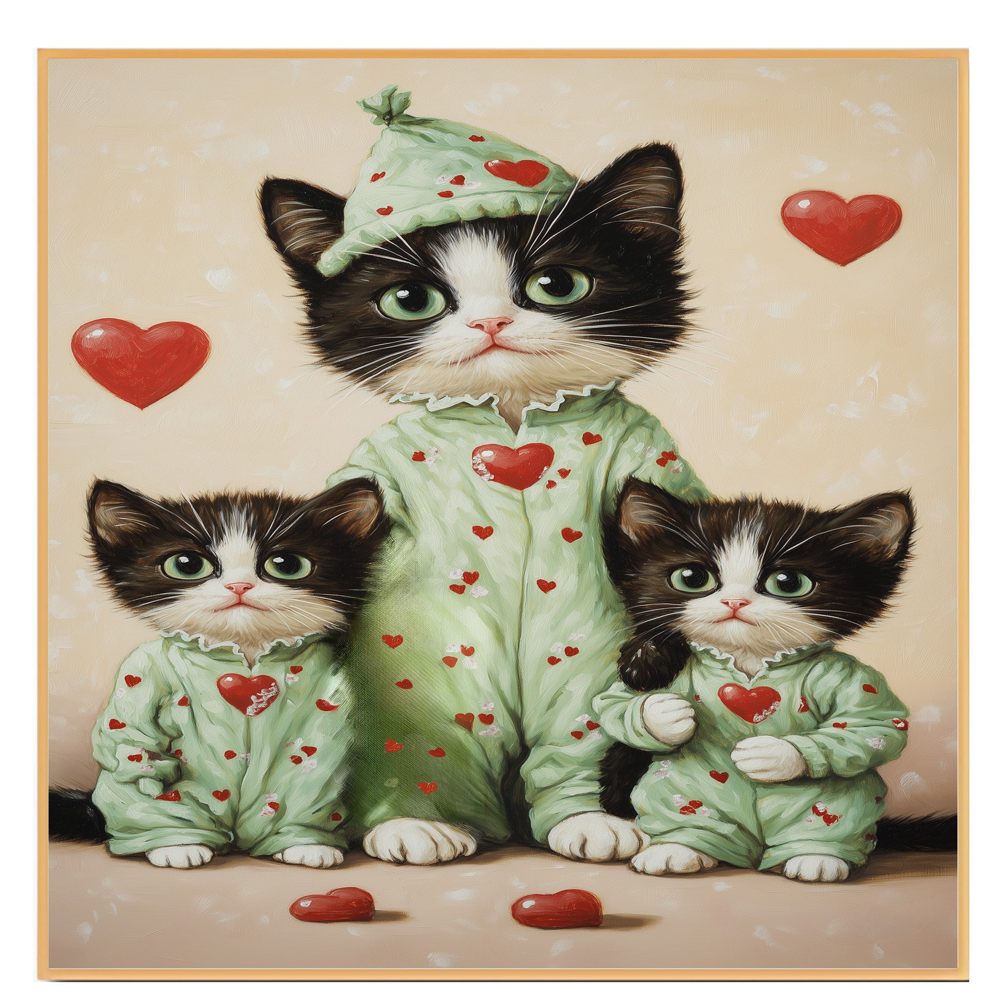 Mother Cat and Kittens in Pink Pajamas with Heart Hats and Floral Details Whimsical Black and White Tuxedo Cat Family on Ready to Hang 1.5" Thick Canvas Wrap, Floating Framed Canvas, Flat Rolled Canvas