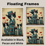 Charming Oil Painting of Mother Cat and Kittens in Blue Outfits with Red Bows and Roses on Cream Background for Cat Art Lovers on Ready to Hang 1.5" Thick Canvas Wrap, Floating Framed Canvas, Flat Rolled Canvas