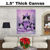 Tuxedo Cat Family in Orange Santa Outfits Surrounded by Gifts and Trees in a Warm Whimsical Christmas Scene Full of Holiday Spirit and Charm