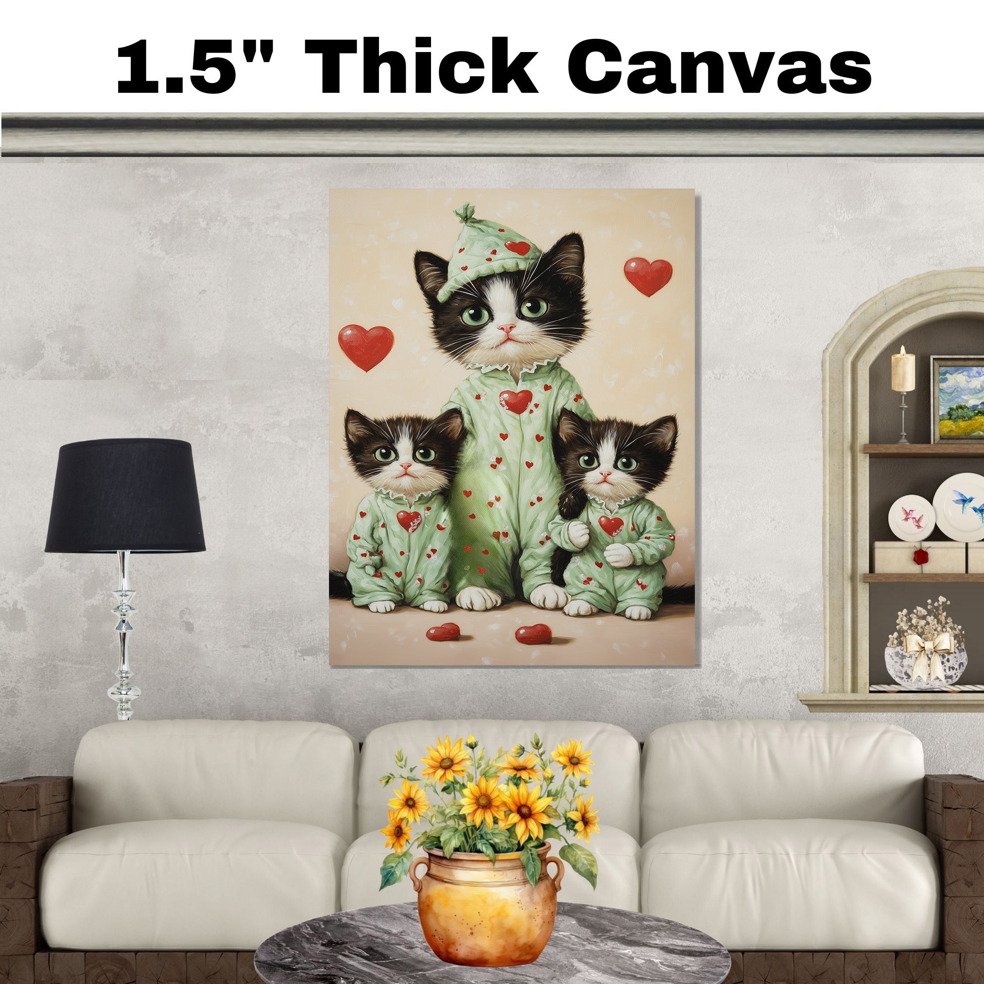 Mother Cat and Kittens in Pink Pajamas with Heart Hats and Floral Details Whimsical Black and White Tuxedo Cat Family on Ready to Hang 1.5" Thick Canvas Wrap, Floating Framed Canvas, Flat Rolled Canvas