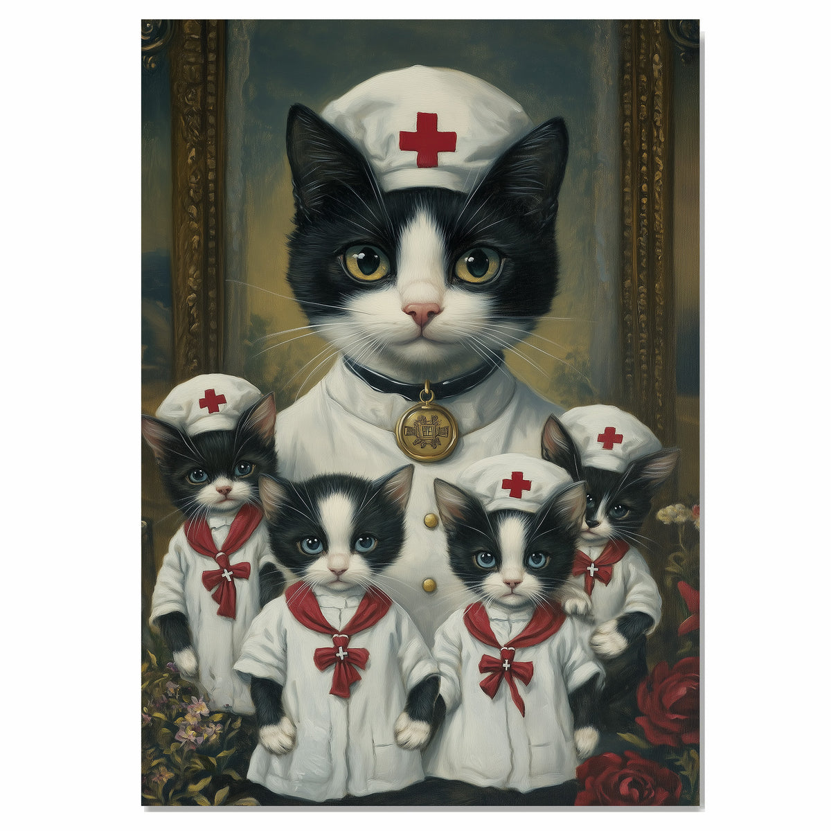 Whimsical Oil Painting of Mother Cat and Kittens in Green Outfits with Red Bows and Hearts on Beige Background for Cat Lovers on Ready to Hang 1.5" Thick Canvas Wrap, Floating Framed Canvas, Flat Rolled Canvas