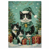 Tuxedo Cat Family in Green Holiday Outfits with Bells Surrounded by Christmas Trees and Gifts in a Snowy Festive Scene Full of Cheer