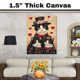 Mother Cat and Kittens in Black Heart Outfits Charming Tuxedo Cat Family Artwork for Valentine's Day and Cat Lovers Decor on Ready to Hang 1.5" Thick Canvas Wrap, Floating Framed Canvas, Flat Rolled Canvas