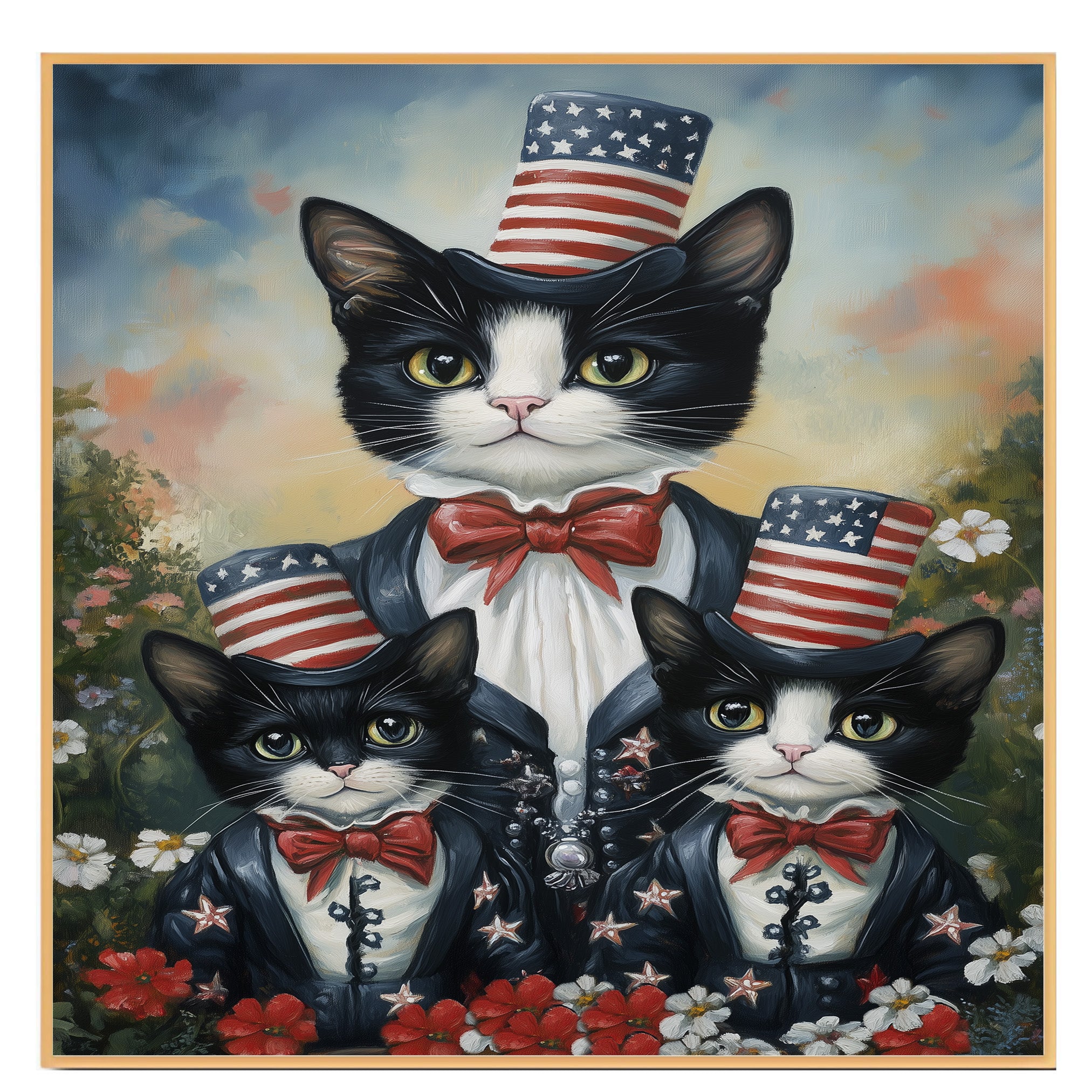 Mother Tuxedo Cat and Two Kittens in Patriotic Uncle Sam Outfits with American Flags and Red Bow Ties in Garden Setting on Ready to Hang 1.5" Thick Canvas Wrap, Floating Framed Canvas, Flat Rolled Canvas