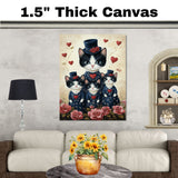 Festive Oil Painting of Mother Texudo Cat and Kittens in Green Holiday Outfits with Hearts and Snowflakes on Beige Background on Ready to Hang 1.5" Thick Canvas Wrap, Floating Framed Canvas, Flat Rolled Canvas