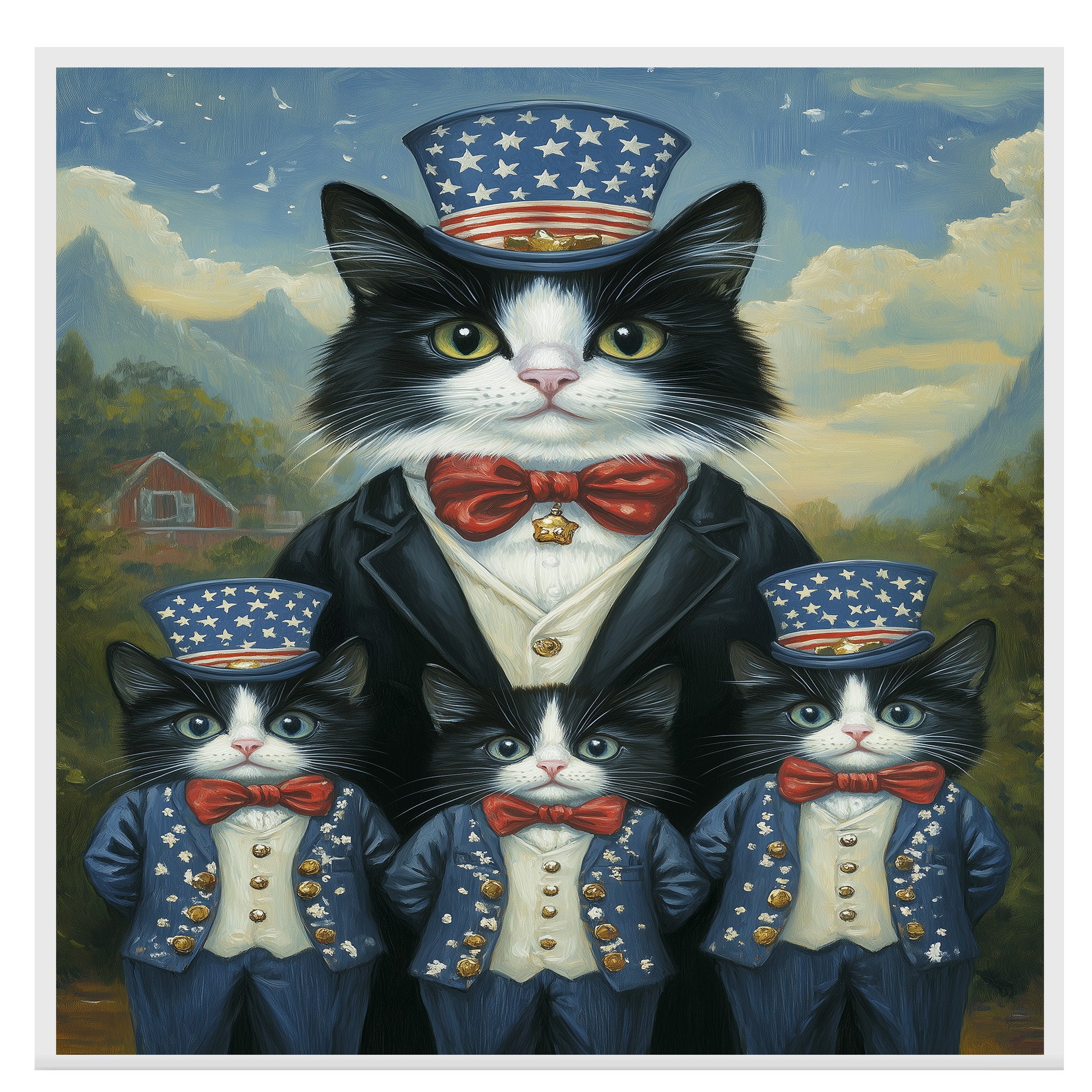 Mother Tuxedo Cat and Three Kittens in Patriotic Uncle Sam Outfits with Stars and Bow Ties in Farm Country Setting on Ready to Hang 1.5" Thick Canvas Wrap, Floating Framed Canvas, Flat Rolled Canvas