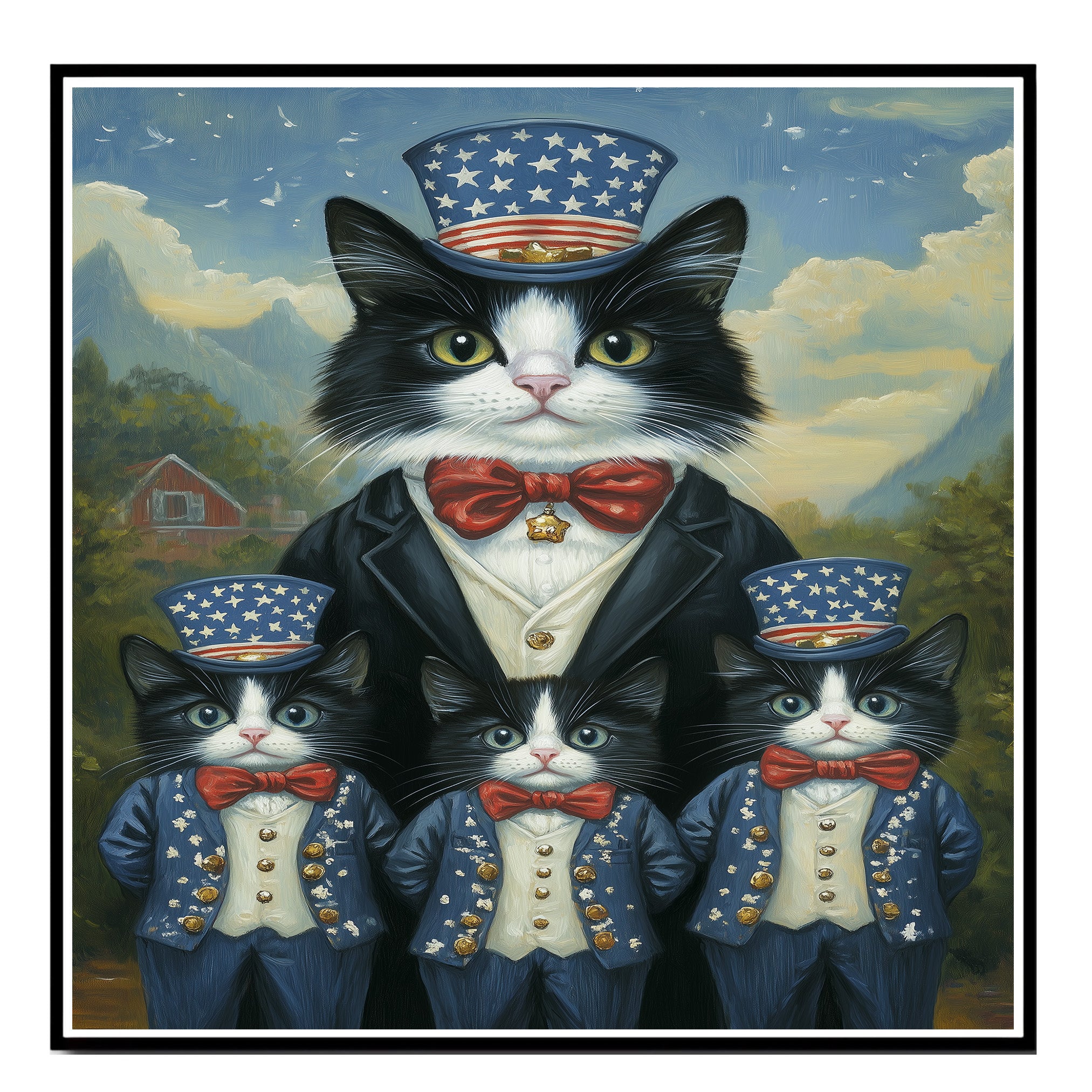 Mother Tuxedo Cat and Three Kittens in Patriotic Uncle Sam Outfits with Stars and Bow Ties in Farm Country Setting on Ready to Hang 1.5" Thick Canvas Wrap, Floating Framed Canvas, Flat Rolled Canvas