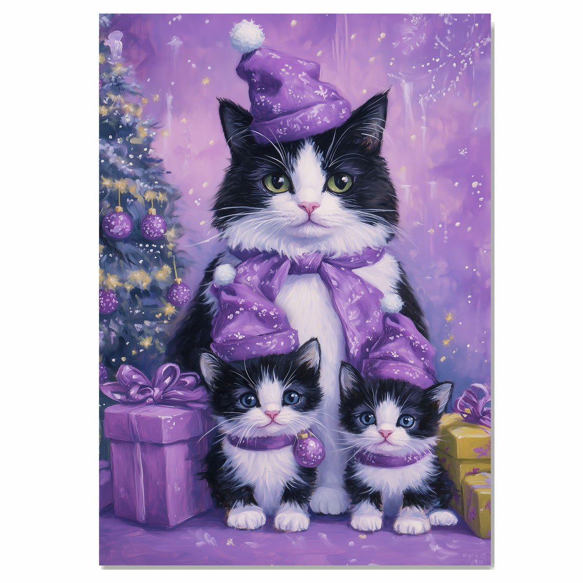Tuxedo Cat Family in Yellow Starry Capes and Santa Hats Surrounded by Gifts and Christmas Tree in a Festive Holiday Scene Full of Cheer