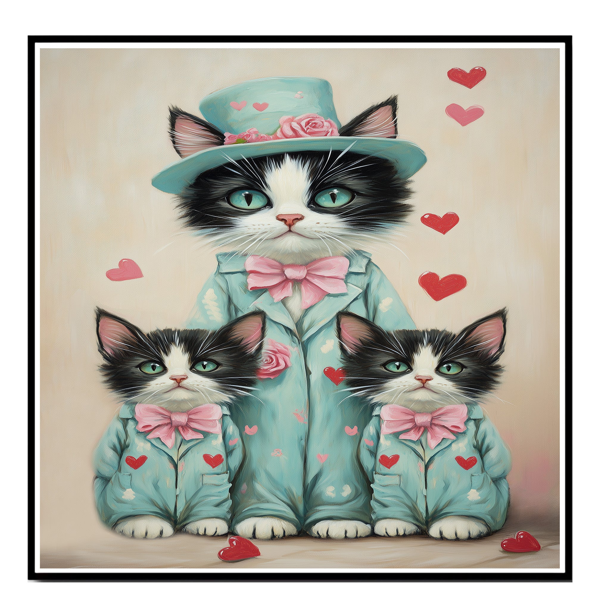 Charming Mother Cat with Kittens in Pink Floral Outfits Whimsical Tuxedo Cat Art for Nursery and Cat Lovers on Ready to Hang 1.5" Thick Canvas Wrap, Floating Framed Canvas, Flat Rolled Canvas