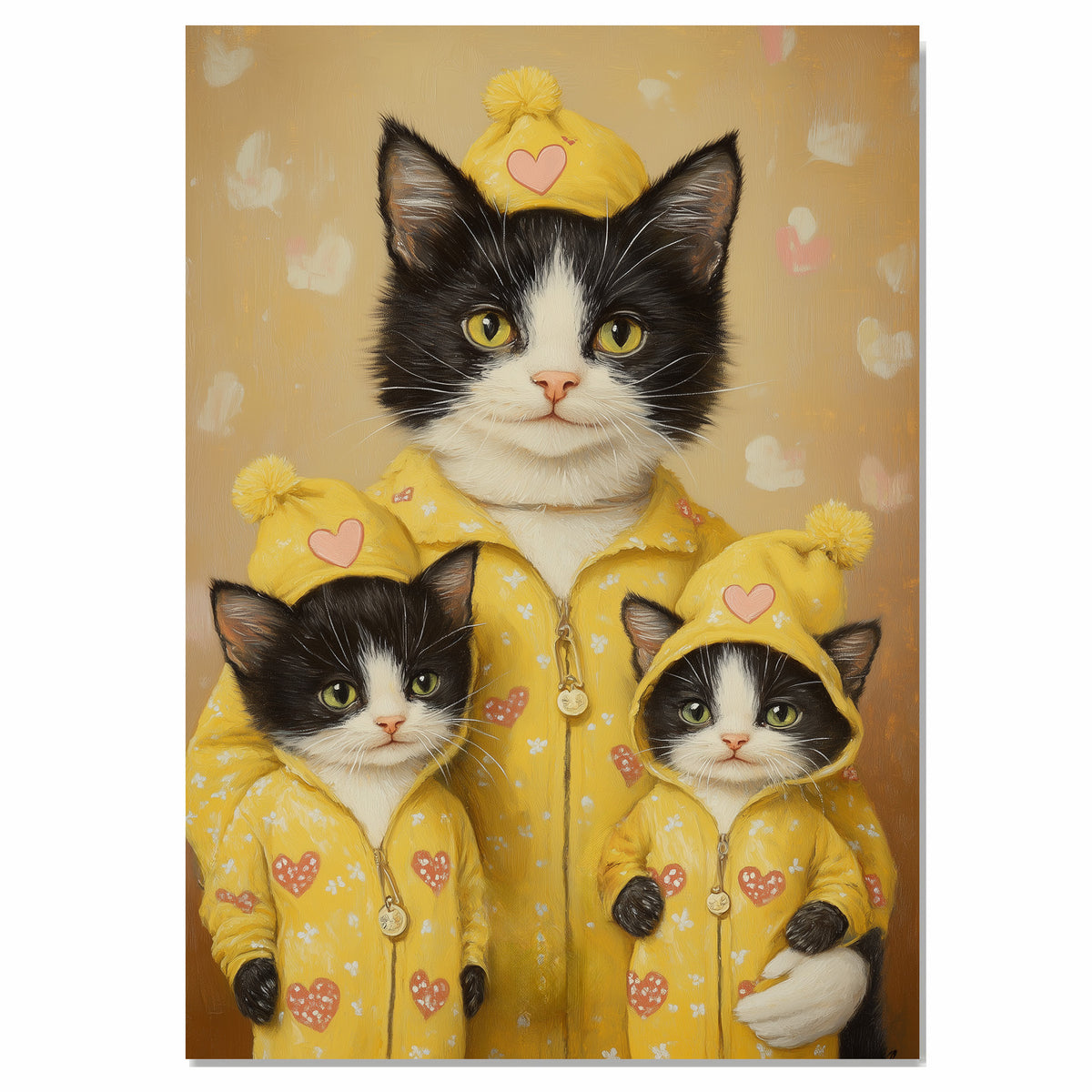 Elegant Tuxedo Cat Family in Heart Outfits Black and White Cats in Red Bow Ties Cat Lovers Artwork on Ready to Hang 1.5" Thick Canvas Wrap, Floating Framed Canvas, Flat Rolled Canvas