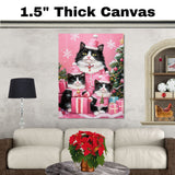 Tuxedo Cat Family in Sparkling Purple Outfits Surrounded by Christmas Trees and Gifts in a Magical Winter Wonderland Holiday Scene